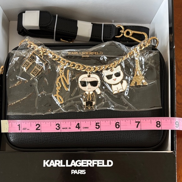 Karl Lagerfeld Black Textured Camera Cross Body Bag with Gold Tone Charms.  NWT - Picture 10 of 14